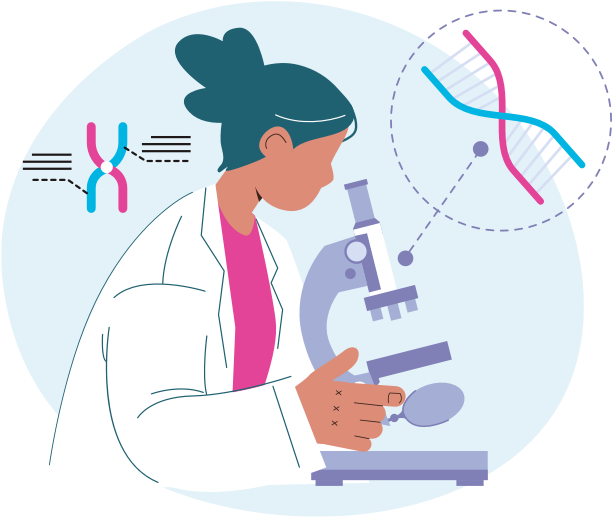 Image of researcher with microscope and DNA strand